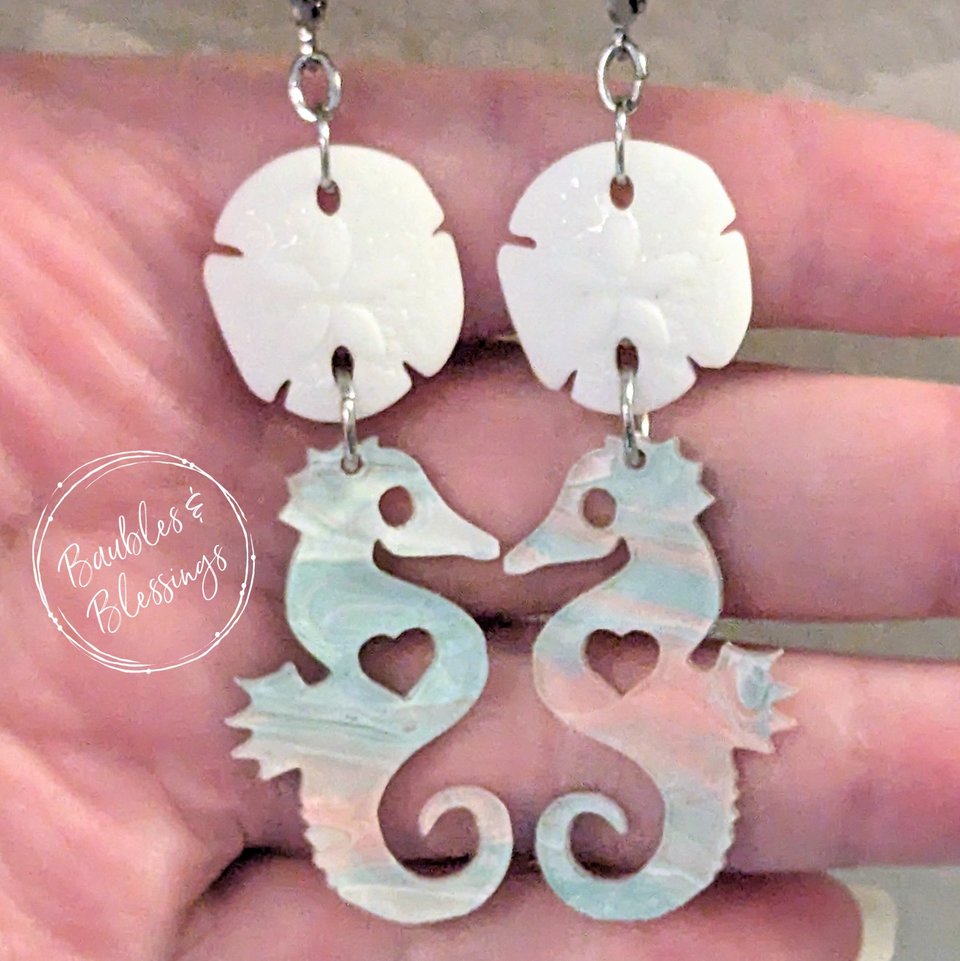 Acrylic Seahorse Earrings with Czech Glass Sand Dollars