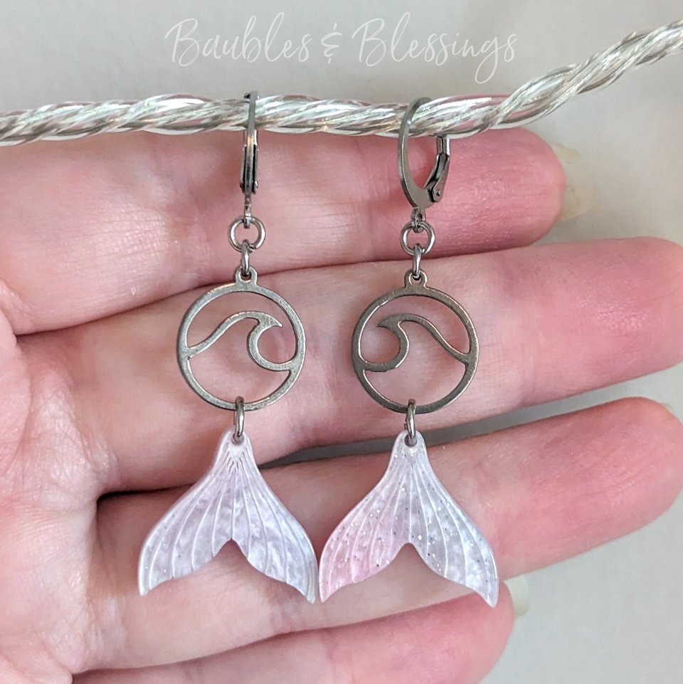 Glittery Mermaid Tail Earrings with Wave Charm