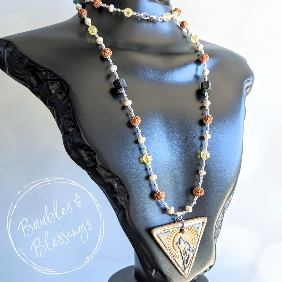 Long Wolf Necklace with Rudraksha Seeds & Gemstone Beads