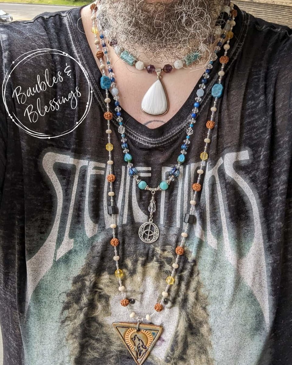 Long Wolf Necklace with Rudraksha Seeds & Gemstone Beads