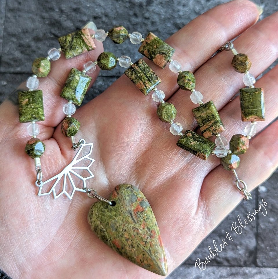 Gemstone Heart Necklace with Unakite & Rose Quartz