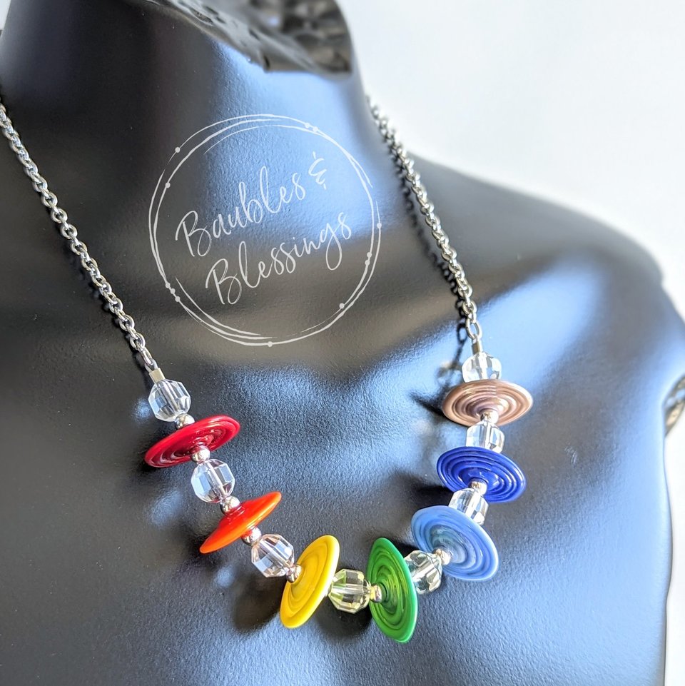 Rainbow Necklace with Lampwork Disc Beads & Quartz