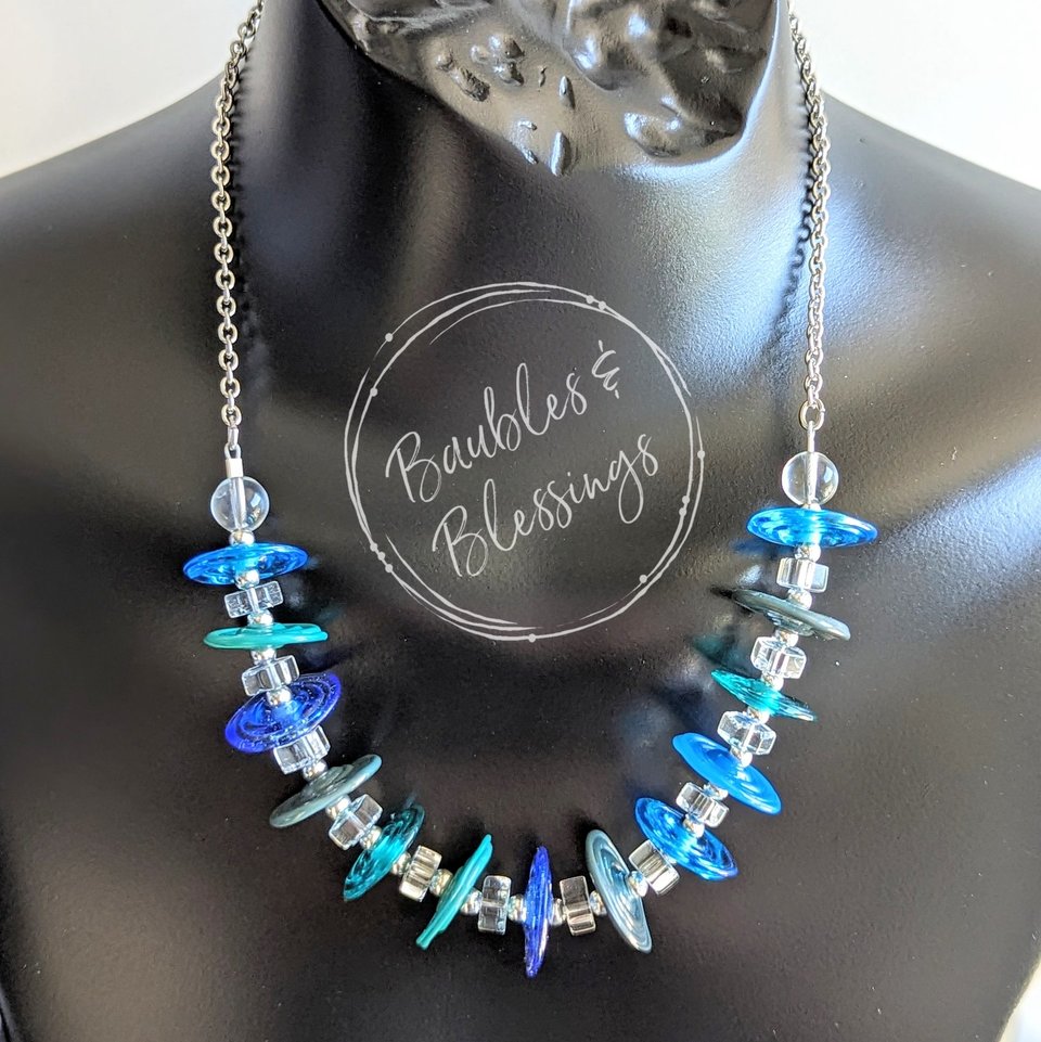 Watery Necklace with Lampwork Disc Beads & Quartz