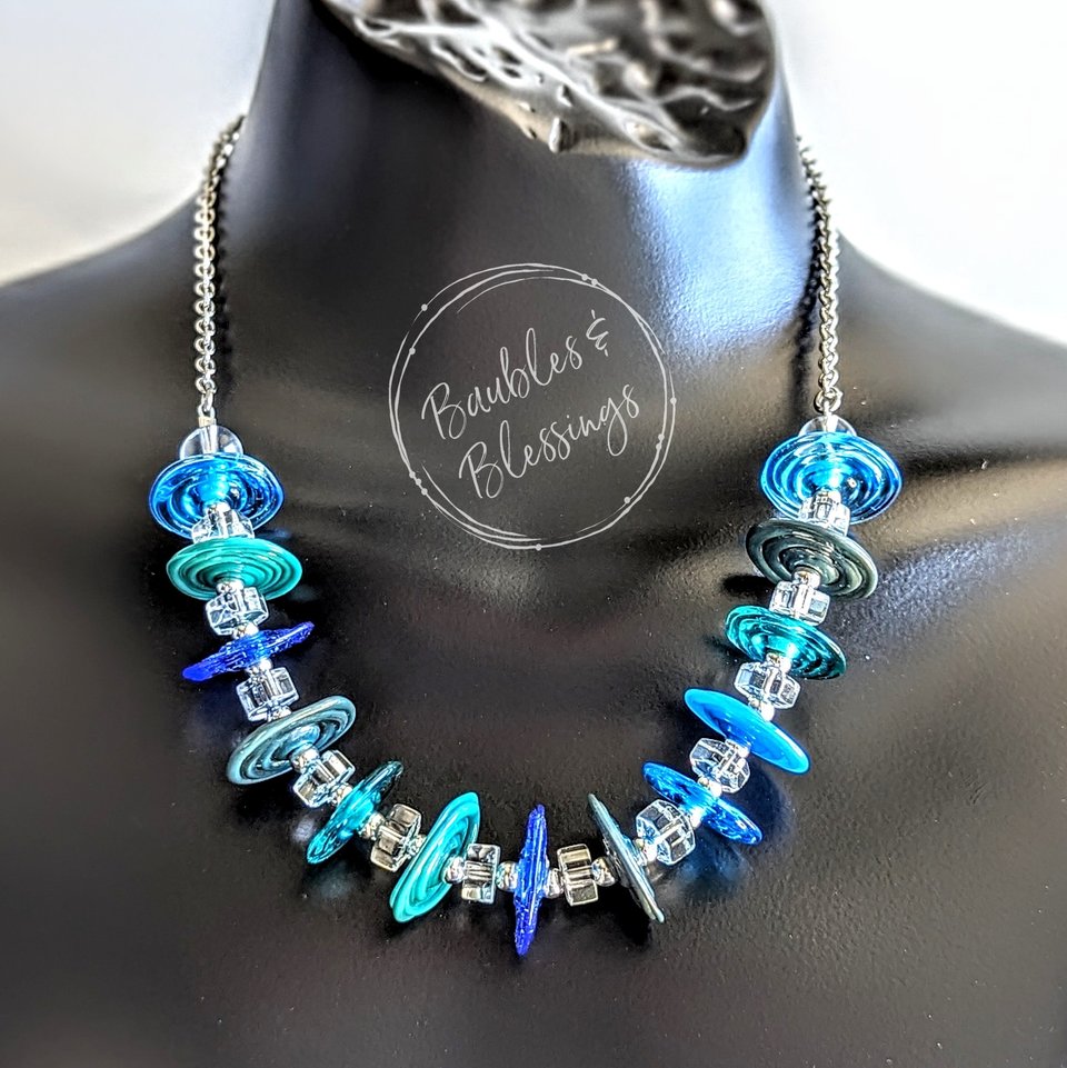 Watery Necklace with Lampwork Disc Beads & Quartz
