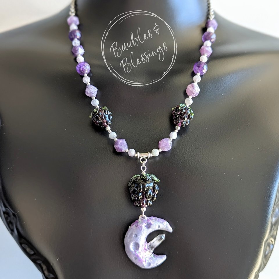 Sparkly Blackberry Moon Necklace with Purple Gemstones