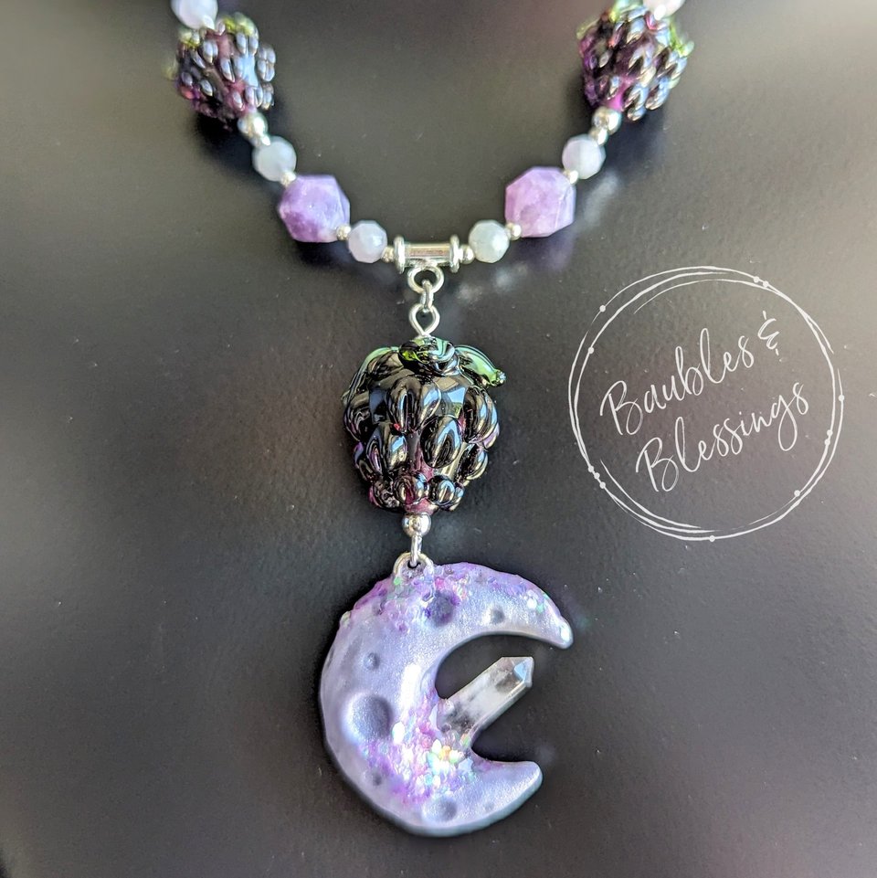 Sparkly Blackberry Moon Necklace with Purple Gemstones