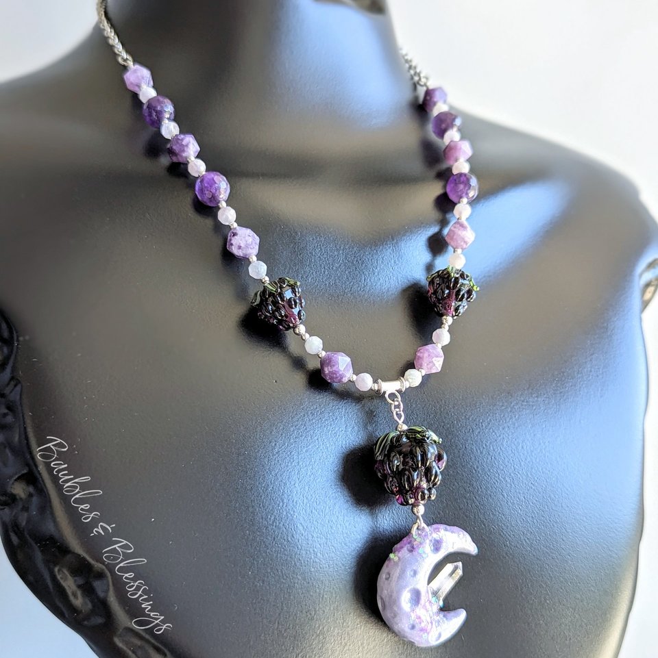 Sparkly Blackberry Moon Necklace with Purple Gemstones