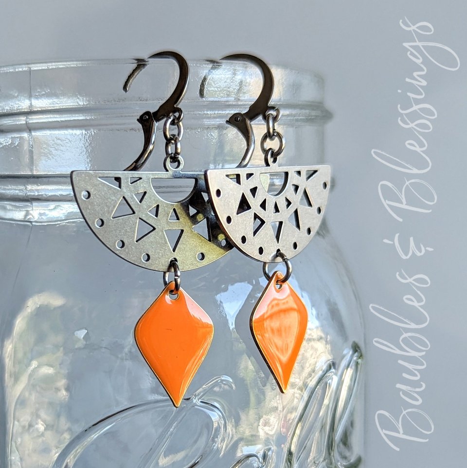 Festive Earrings with Bright Orange Enamel Drops