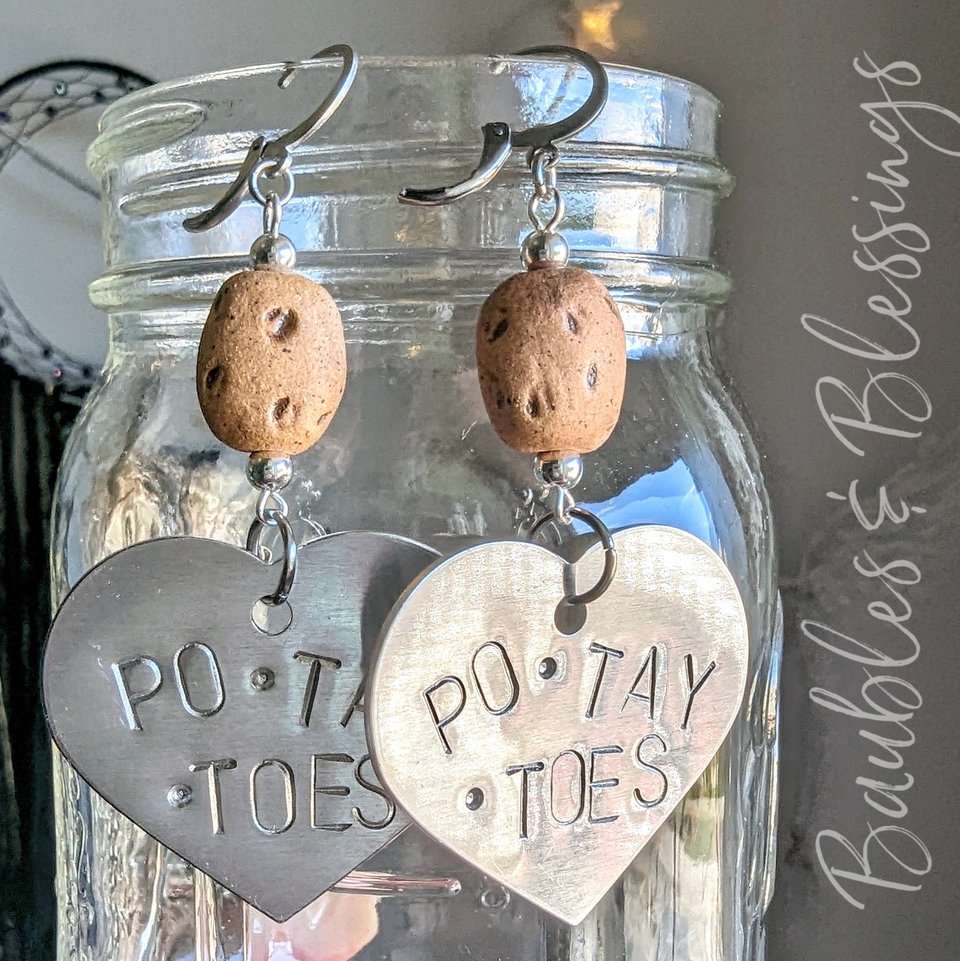 Hand-stamped PO•TAY•TOES Earrings with Ceramic Potato Beads (MTO)