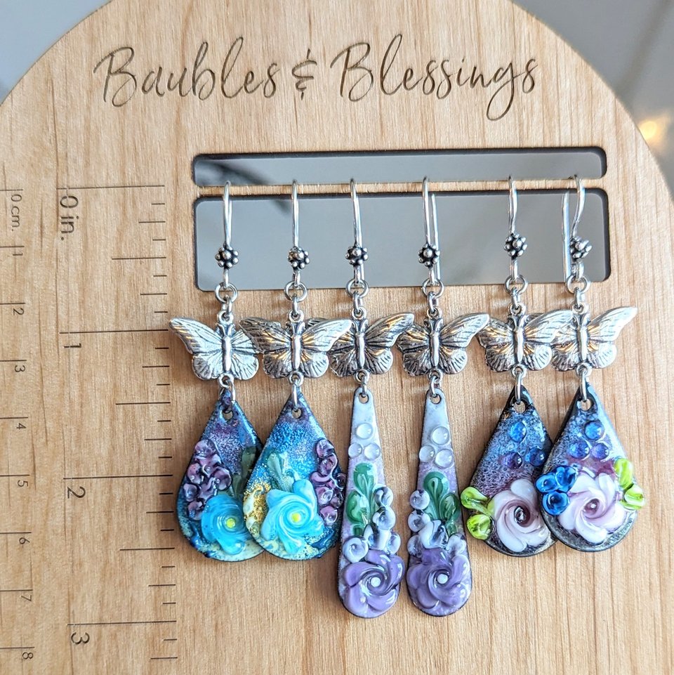 Butterfly Earrings with Lampwork Enameled Purple Flowers