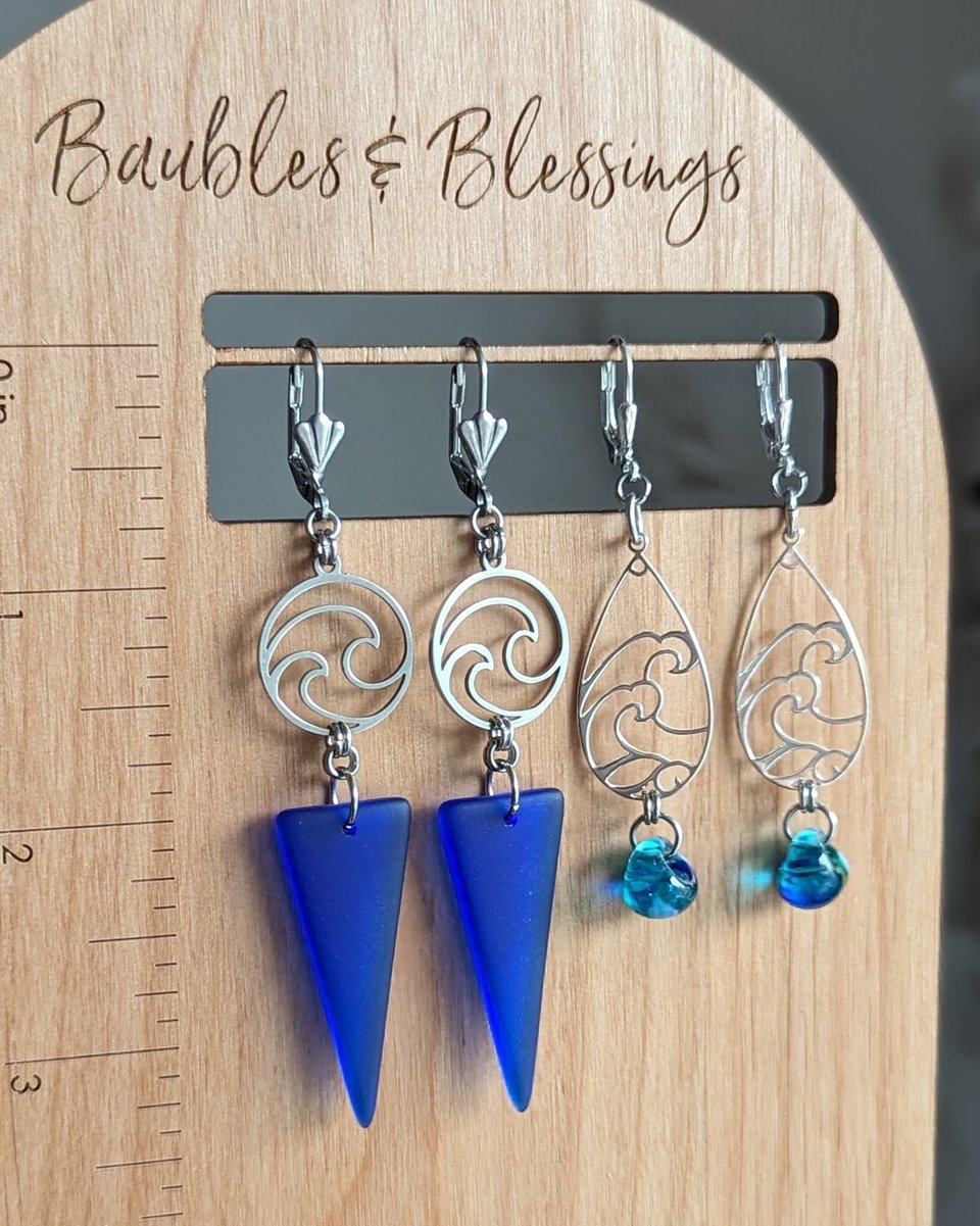 Stainless Steel Blue Wave Earrings with Beach Glass