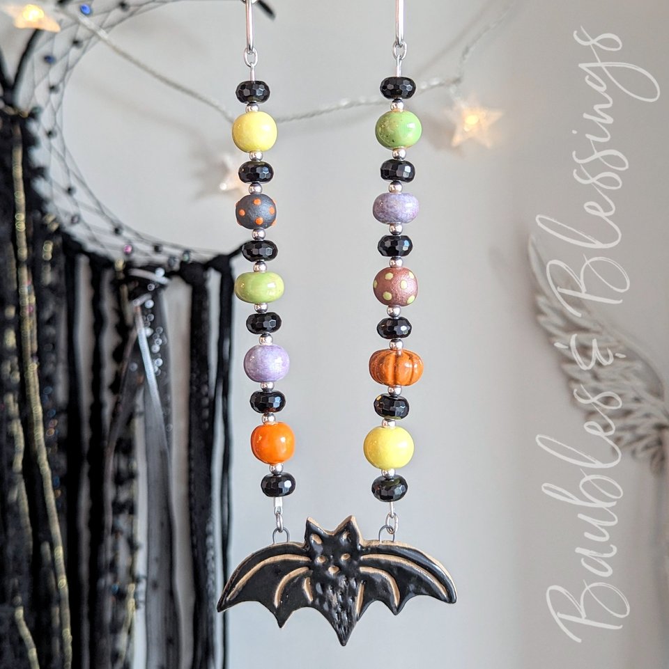 Bat Necklace with Faceted Onyx & Cheery Gaea Beads
