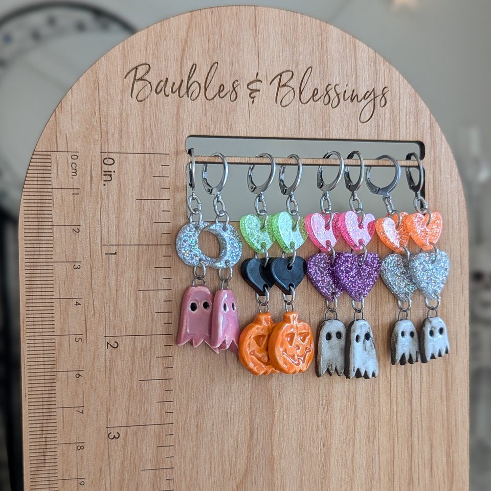 Spooky Ceramic Ghost Earrings with Glittery Hearts