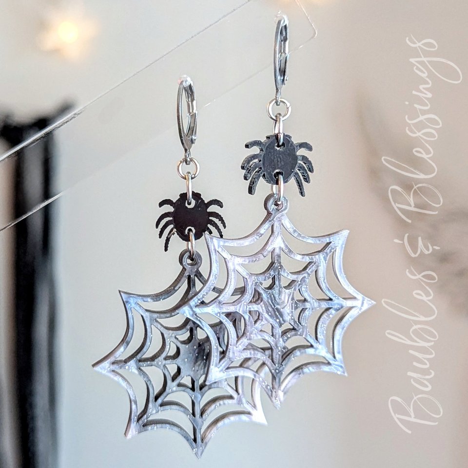 Shimmery, Spooky Spider & Web Halloween Earrings