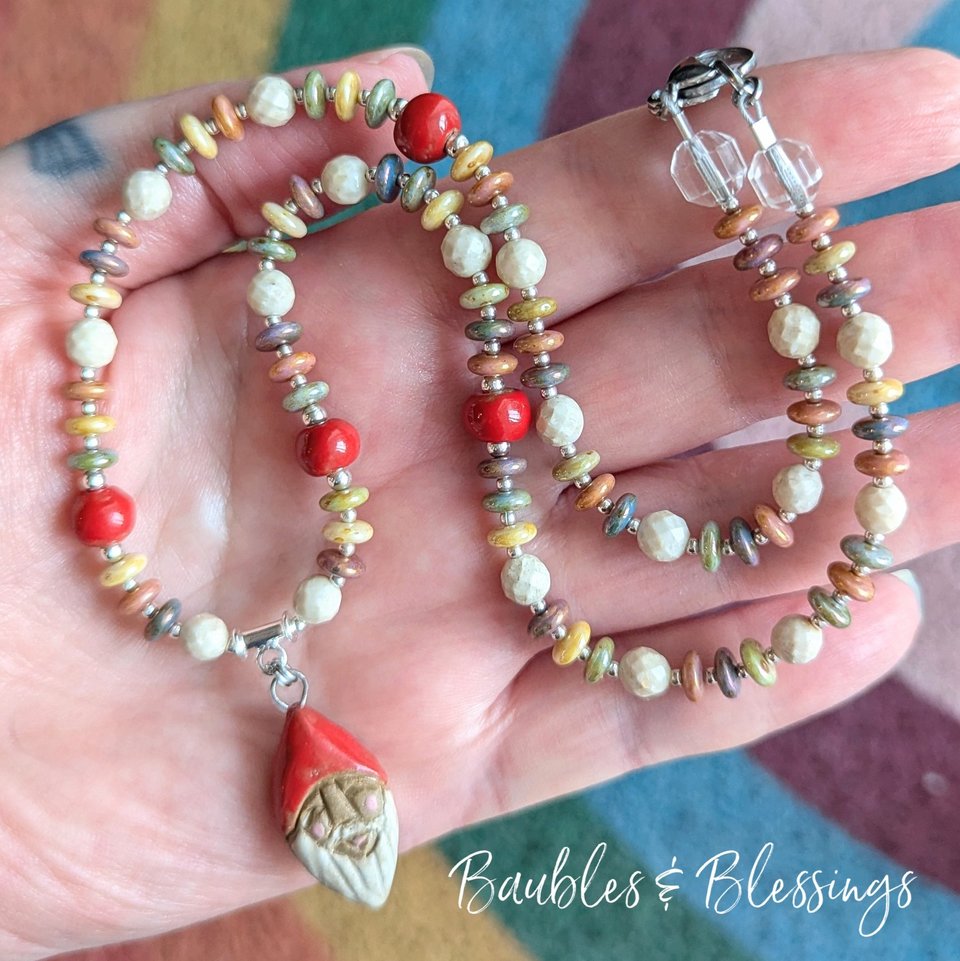 Cozy Cottagecore Gnome & Mushroom Necklace with Gaea Beads