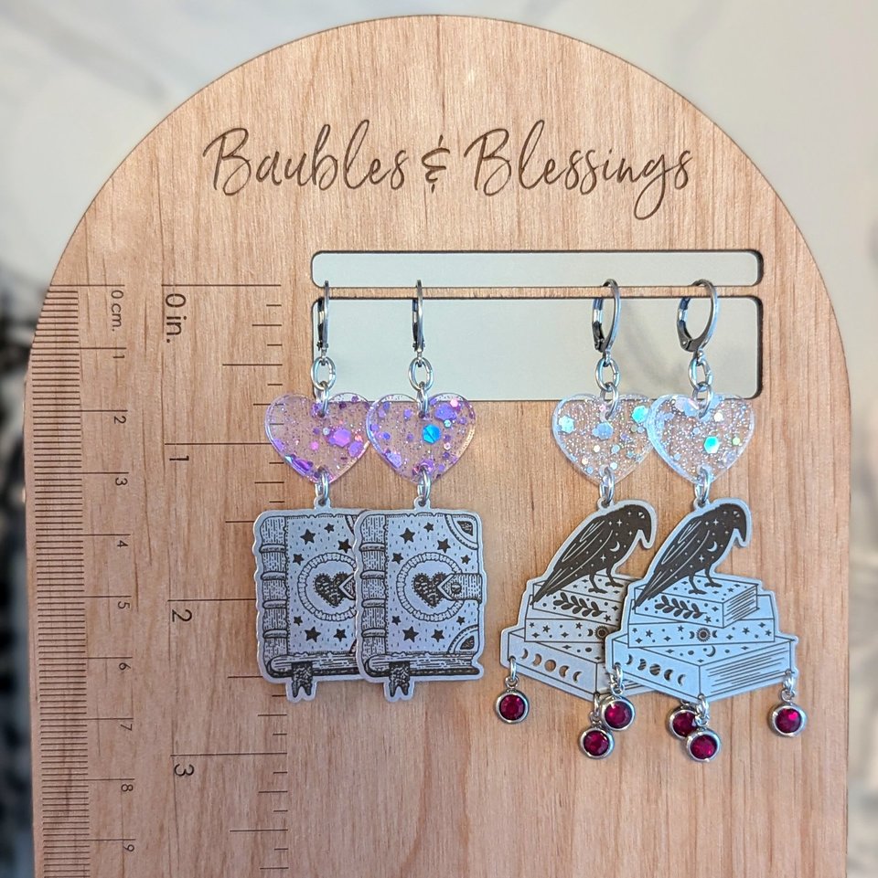 Stainless Steel & Glittery Acrylic Well-read Raven Earrings 