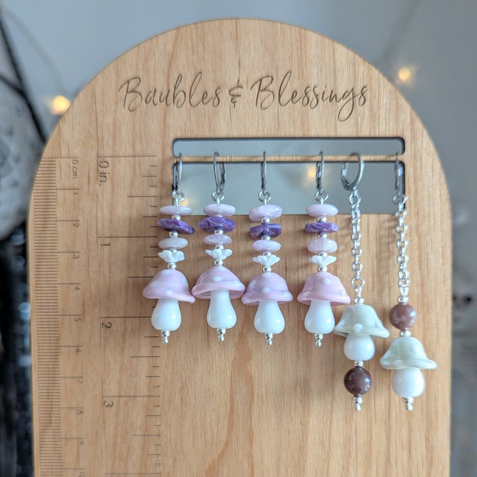 Pink Mushroom Earrings with Kunzite & Charoite Beads