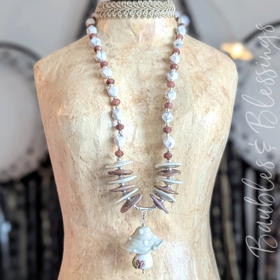 Mushroom Necklace with Howlite & Purple Aventurine