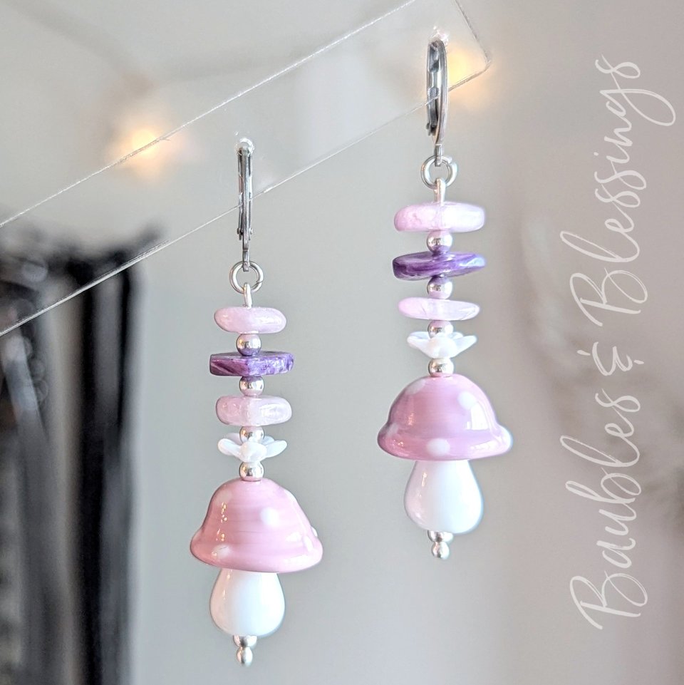 Pink Mushroom Earrings with Kunzite & Charoite Beads