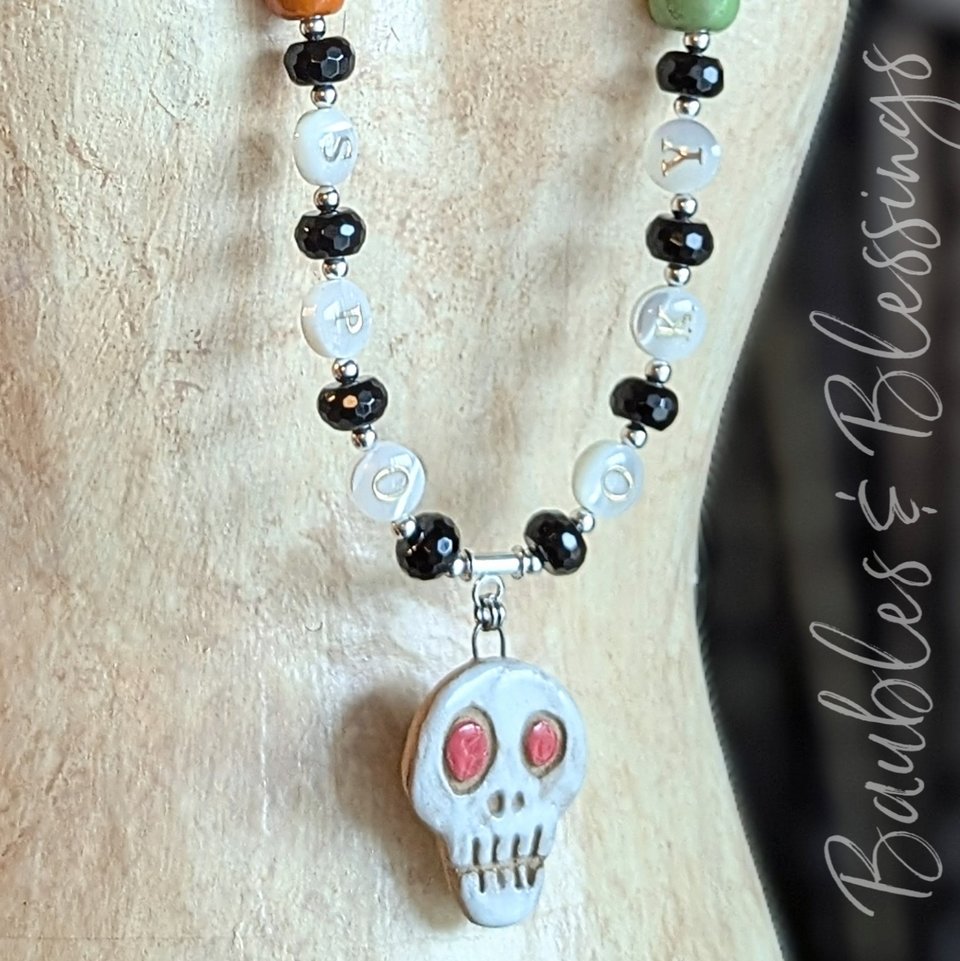 'SPOOKY' Skull Necklace with Onyx, Shell & Gaea Beads