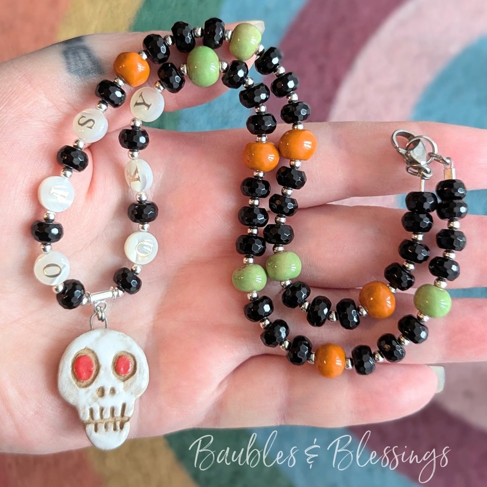 'SPOOKY' Skull Necklace with Onyx, Shell & Gaea Beads