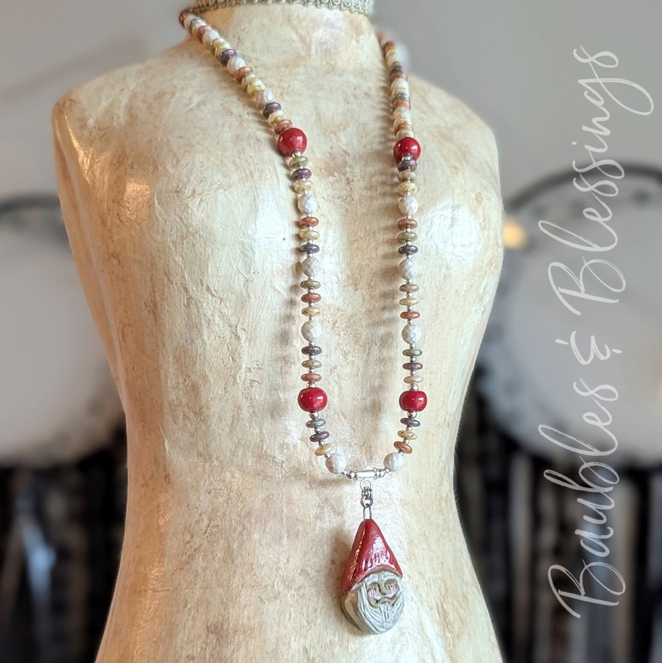 Cozy Cottagecore Gnome & Mushroom Necklace with Gaea Beads