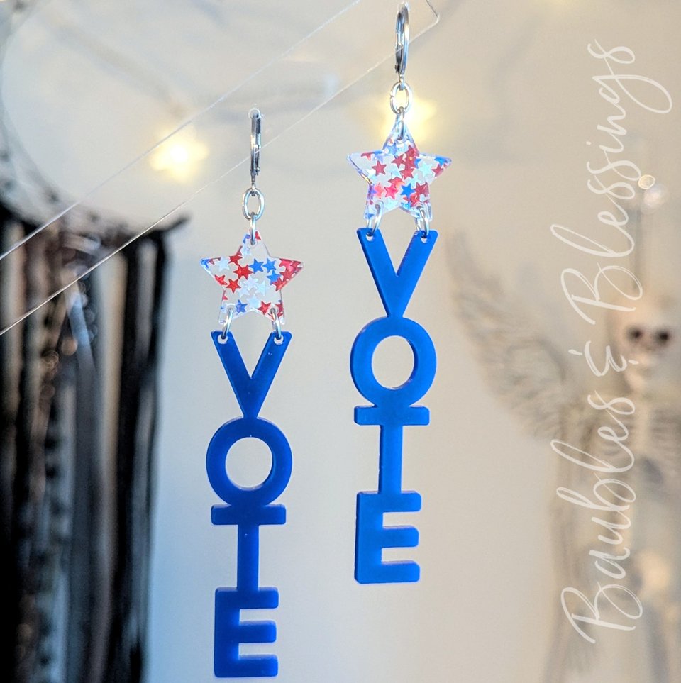 XL Vote Blue Earrings with Patriotic Glitter Stars