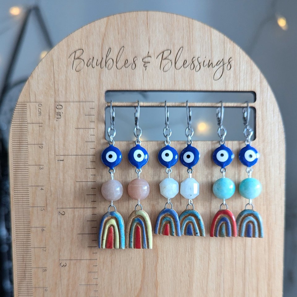 Evil Eye Protection Earrings with Sunstone & Boho Rainbows