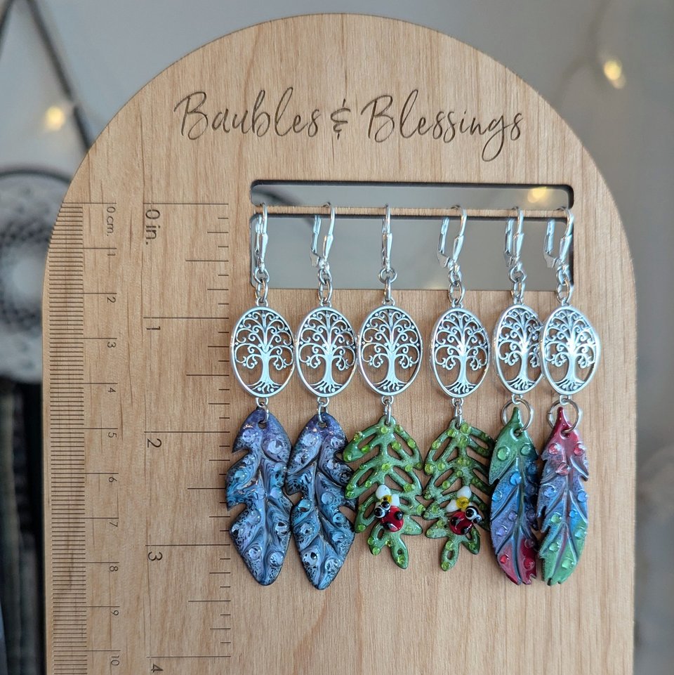 Tree of Life Earrings with Lampwork Enameled Feathers