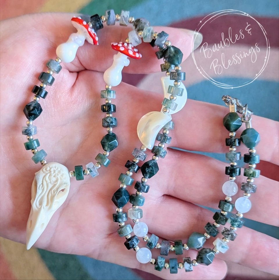RESERVED for M: Raven Skull Necklace with Moss Agate