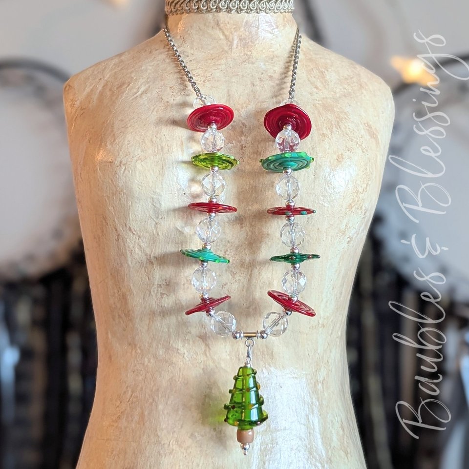 Christmas Tree Necklace with Lampwork Discs & Quartz
