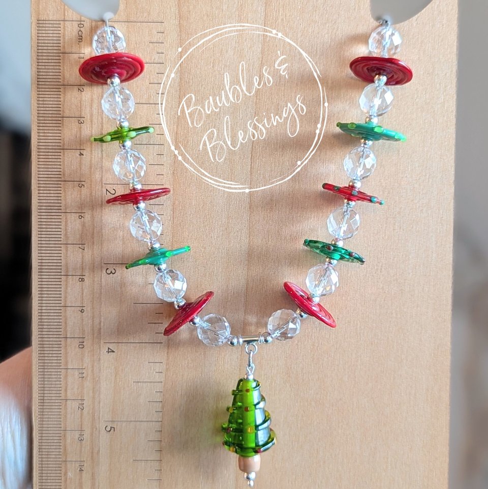 Christmas Tree Necklace with Lampwork Discs & Quartz
