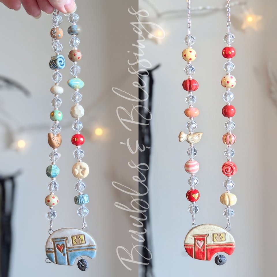 Whimsical Blue Camper Necklace with Handmade Beads