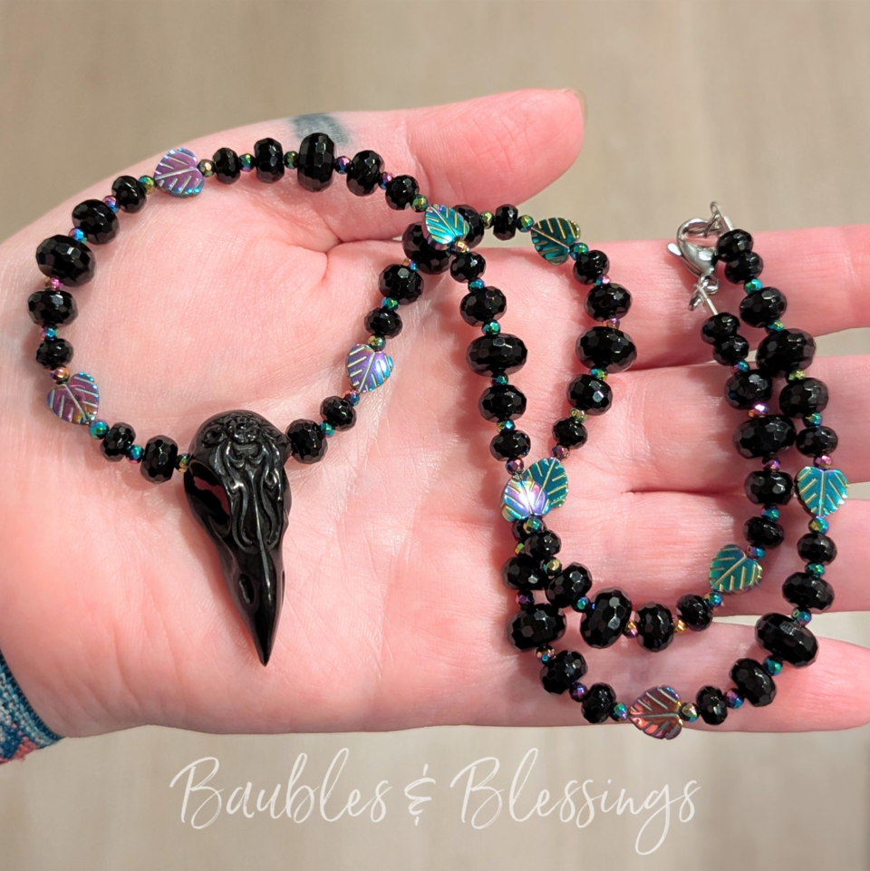 RESERVED for L: Onyx & Hemalyke Bird Skull Necklace
