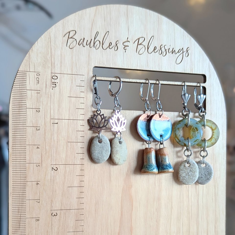 Petite Beach Pebble Earrings with Tiny Lotus Charms