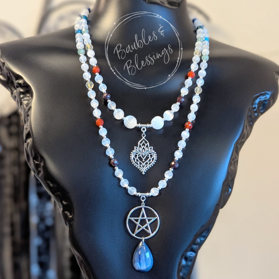 Selenite, Kyanite & Chakra Gem Pentagram Necklace