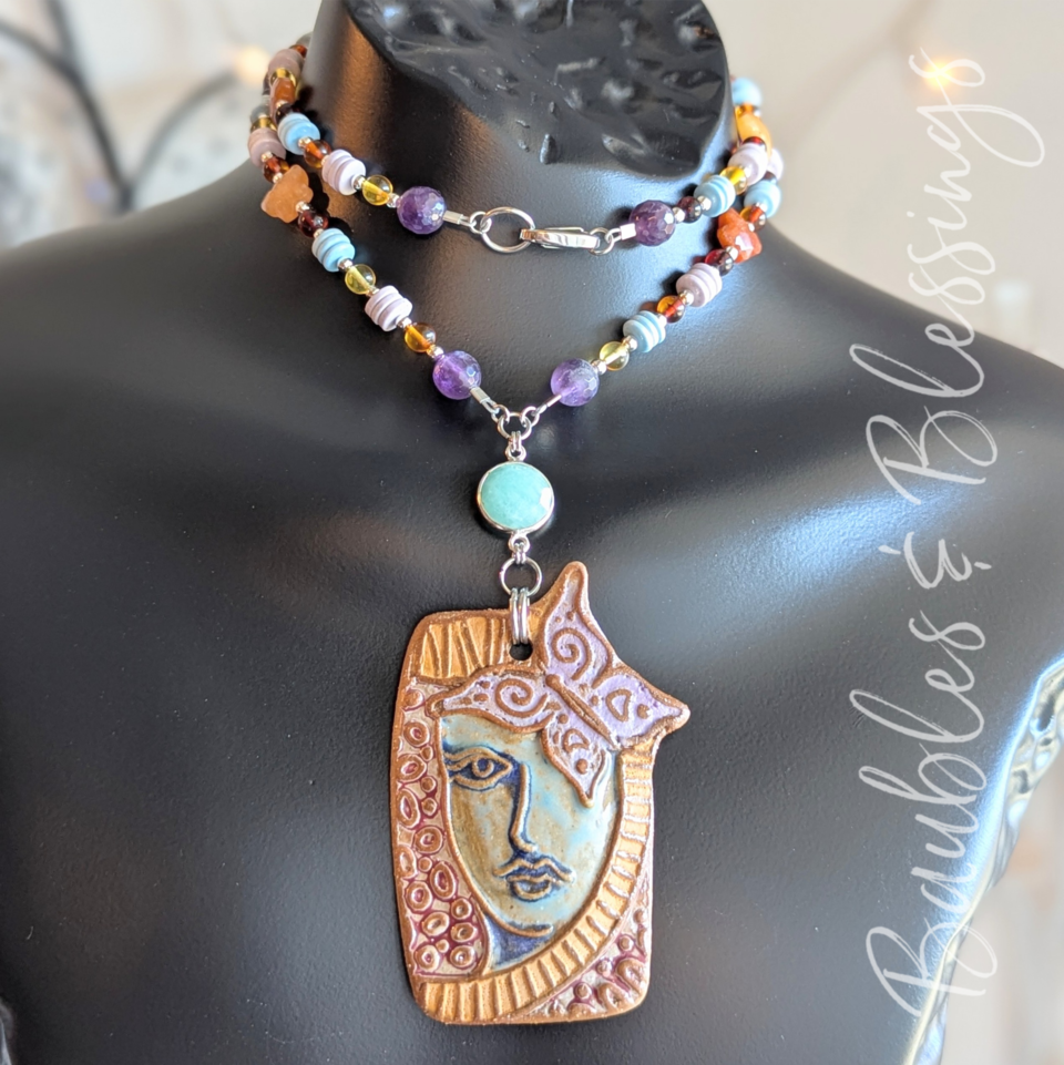 Madame Butterfly Necklace with Agate, Amazonite & Amber