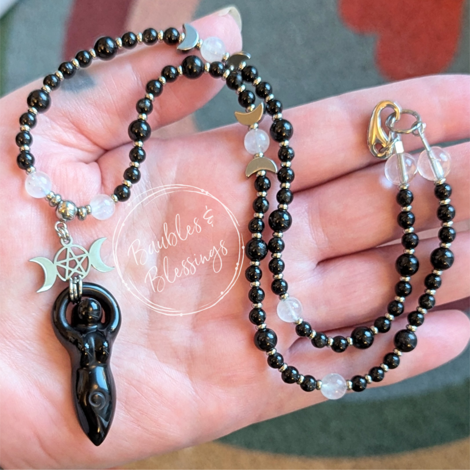 Onyx & Rainbow Moonstone Goddess Necklace
