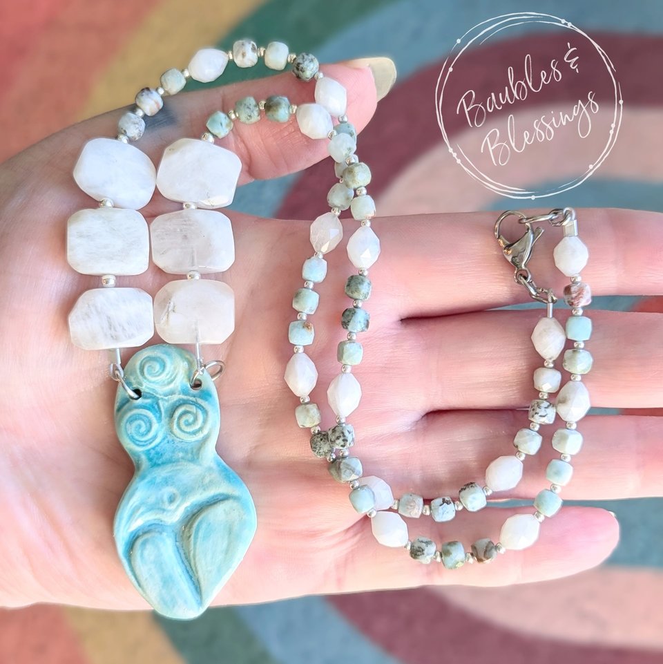 Goddess Necklace with Triskele, Larimar & Moonstone