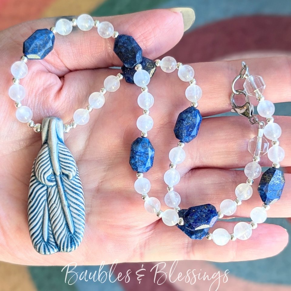 Raku Feather Necklace with Selenite & Lapis Lazuli