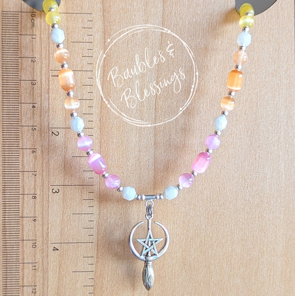 Witchy Broom Necklace with Rainbow Selenite & Moonstone