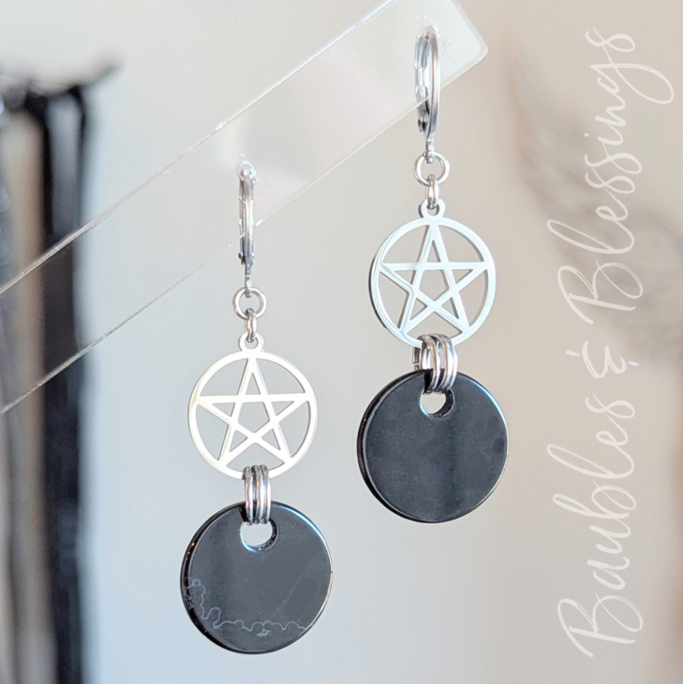 Pentagram Earrings with Black Agate Charms
