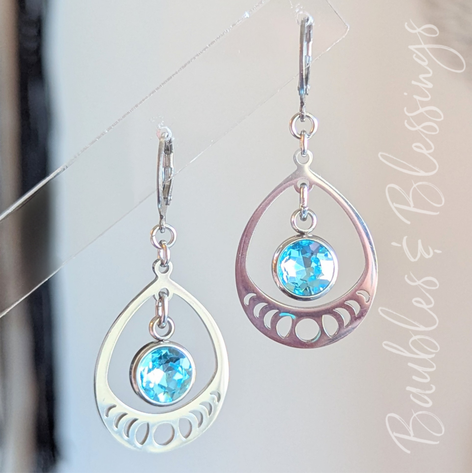 Moon Phase Earrings with Aqua Glass Crystals