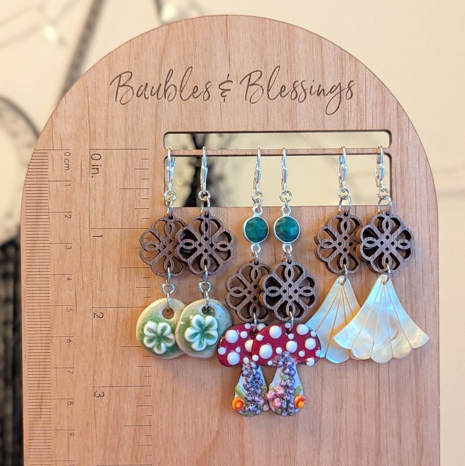 Walnut Wood & Ceramic Flower Charm Earrings