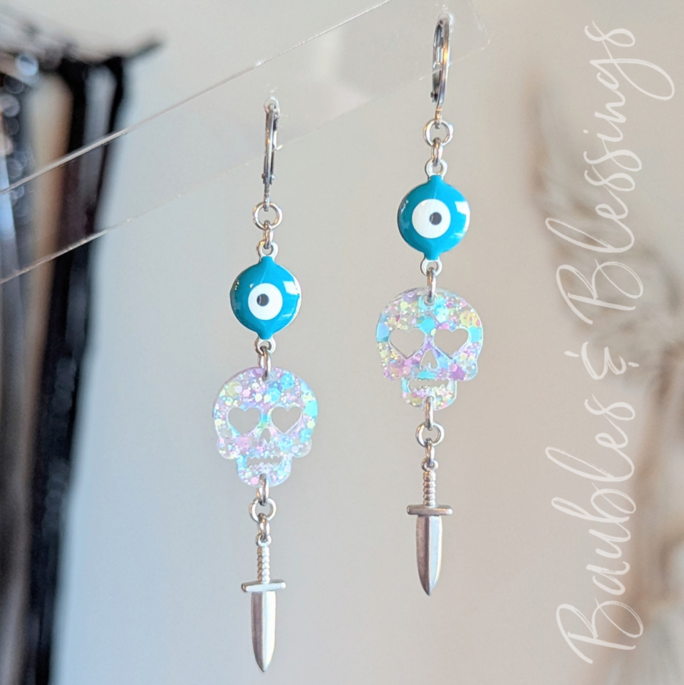 Evil Eye Earrings with Pastel Confetti Skulls & Daggers