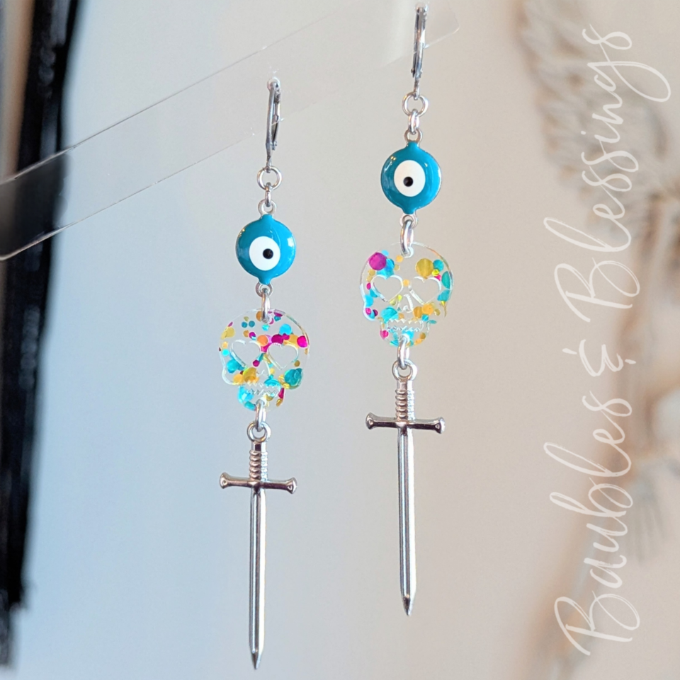 Evil Eye Earrings with Bright Confetti Skulls & Swords