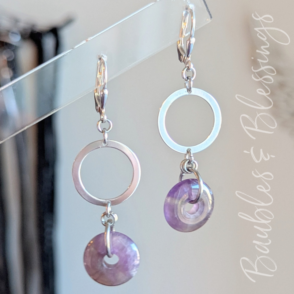 Sterling Silver Hoop Earrings with Amethyst Donuts