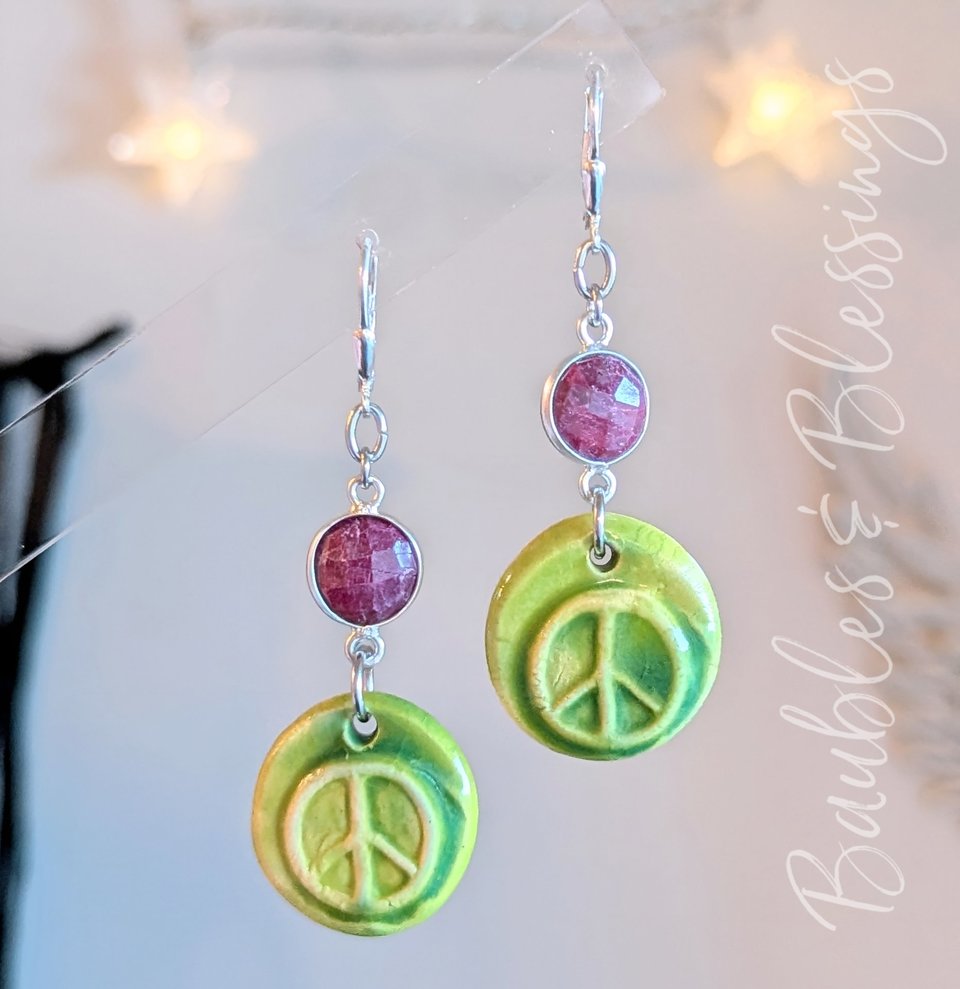 Cheerful Peace Sign Earrings with Ruby & Sterling Silver