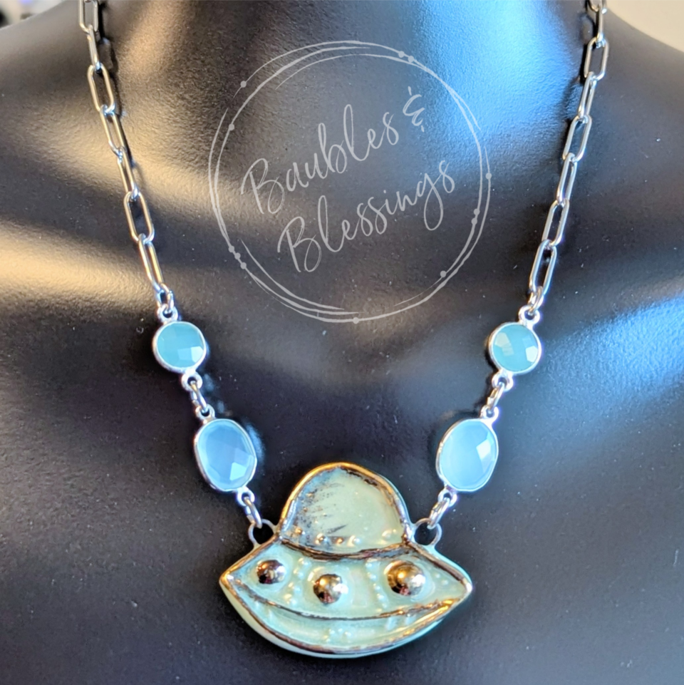 Funky UFO Necklace with Chalcedony Gems
