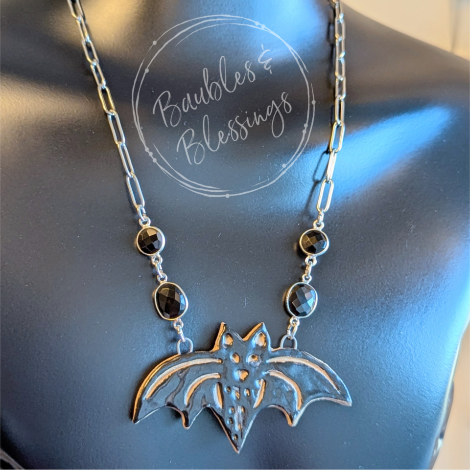 Chunky Ceramic Bat Necklace with Onyx Gems